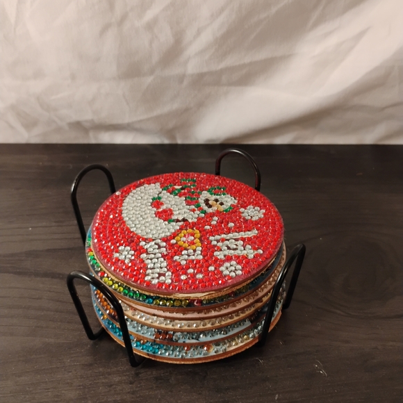 Holiday  Rhinestone Artwork Coasters/w Rack - Picture 1 of 10
